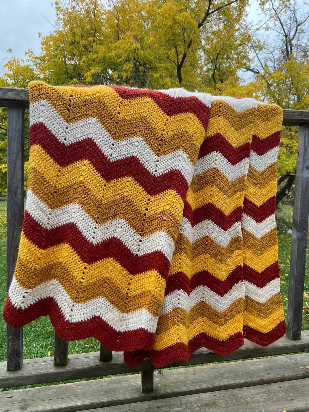 VTG Handmade 70s Chevron Autumn Colours Crochet Afghan Rust Mustard Cottagecore